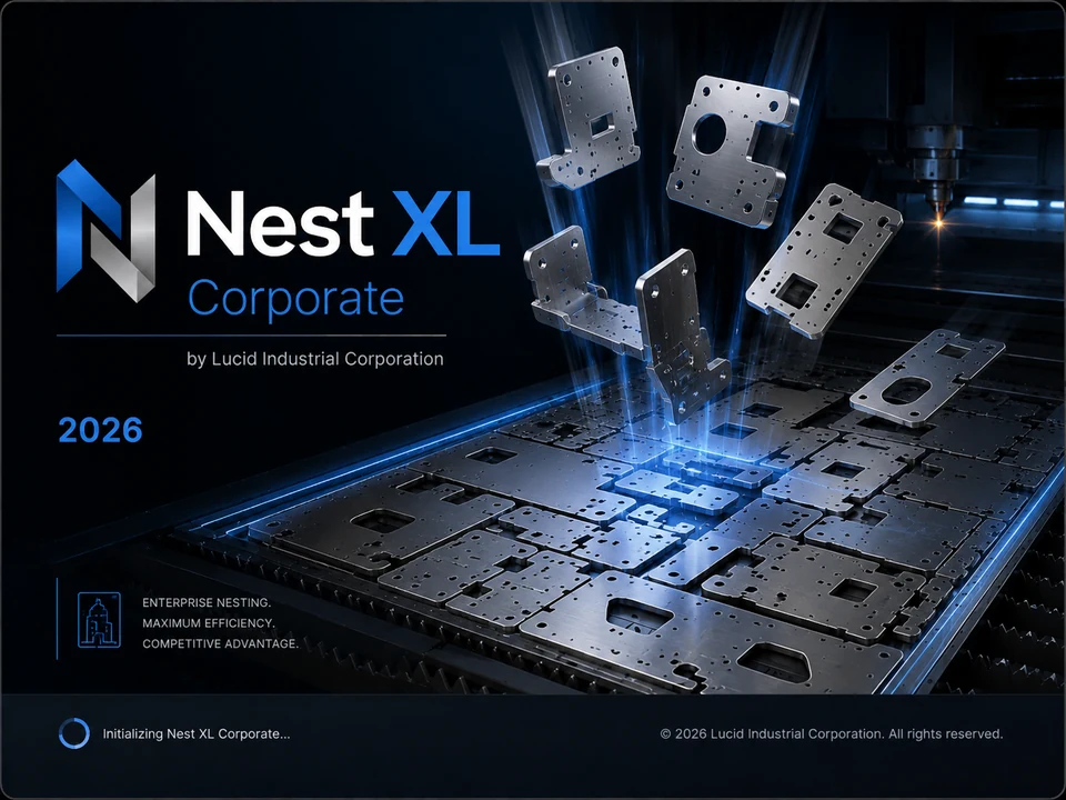 Nest XL Corporate interface showing production nesting and workflow tools