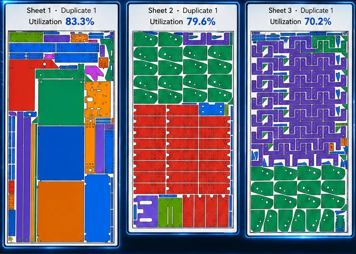 Nest XL nested sheet results with colored parts and usable material remaining